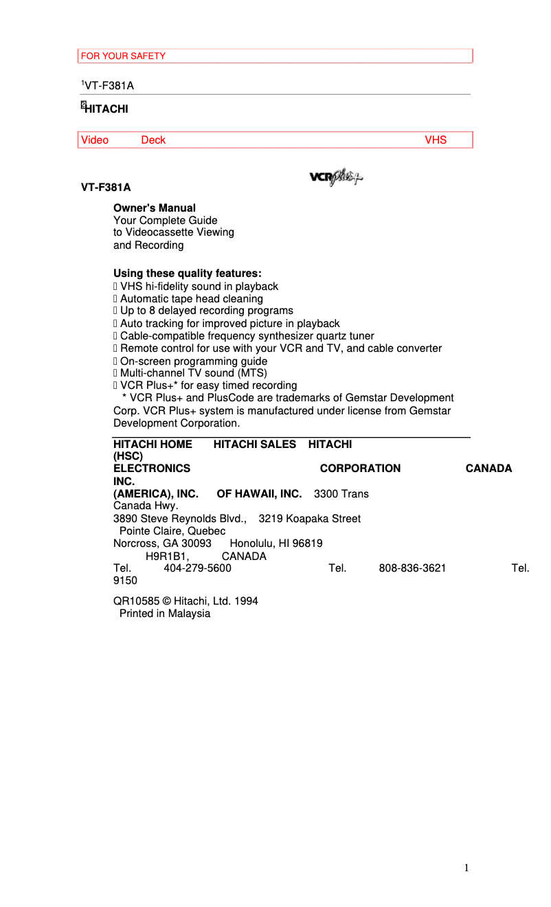 Page n°1 - Manuel utilisateur Hitachi VT-F381A