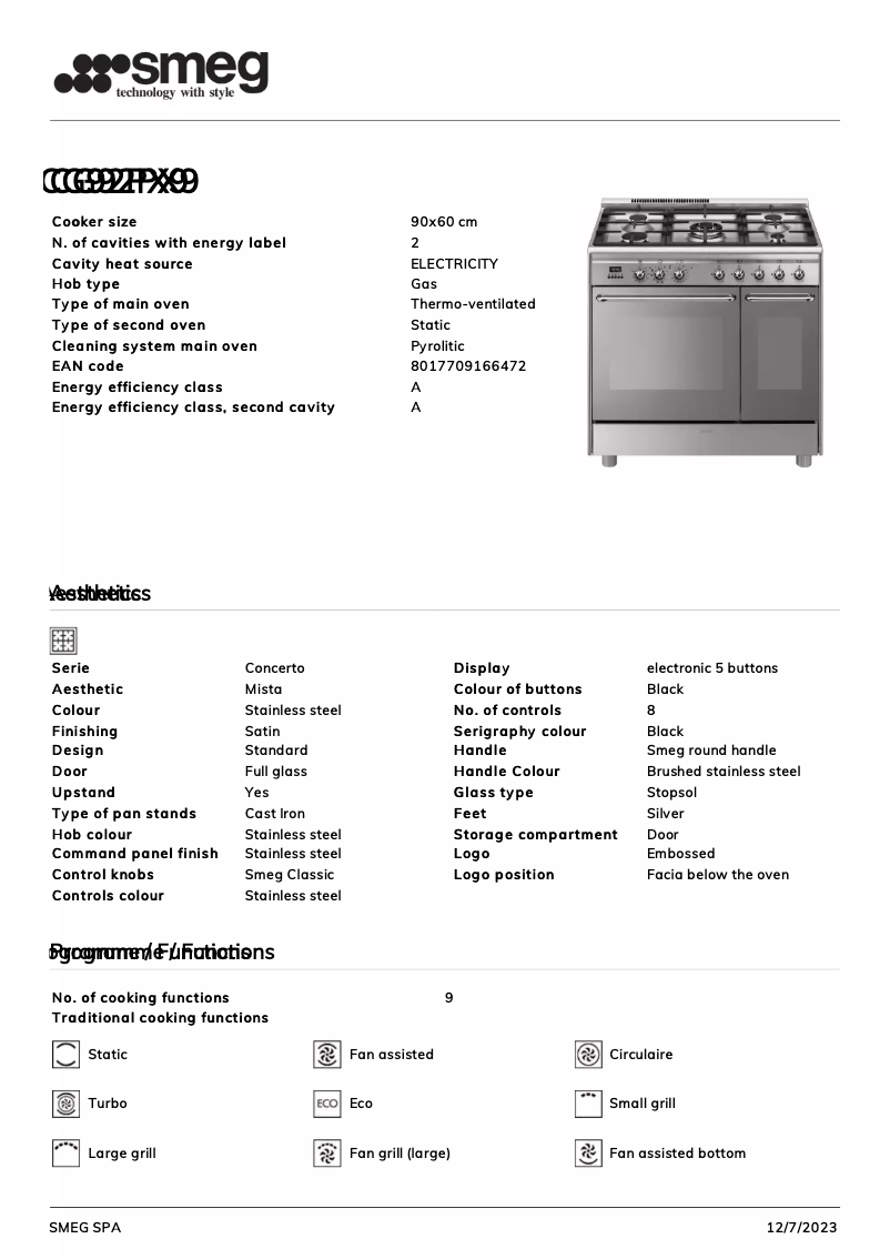 Página 1 del manual Ficha técnica Smeg CG92PX9