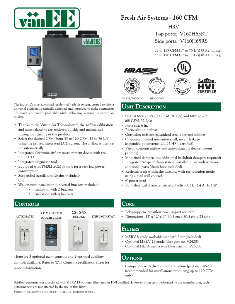 Page 1 de la notice Fiche technique vänEE V160H65RT