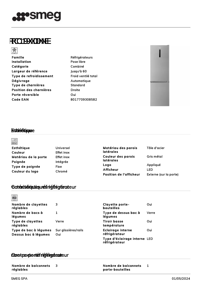 Page 1 de la notice Fiche technique Smeg RC19XDNE