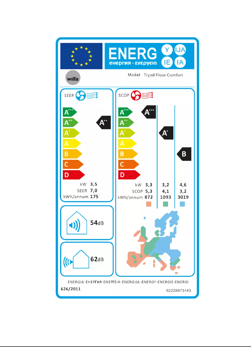 Page 1 de la notice Label énergétique Wilfa Trysil Floor Comfort