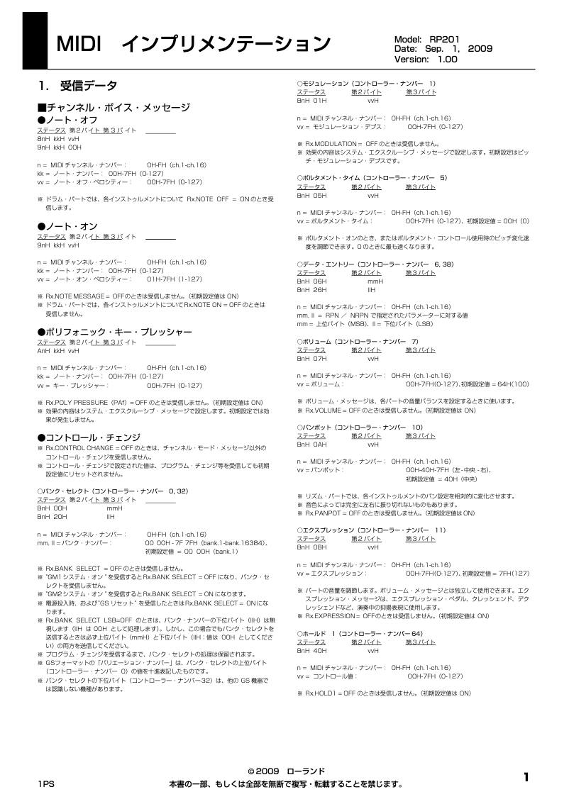Page 1 de la notice Manuel utilisateur Roland RP-201