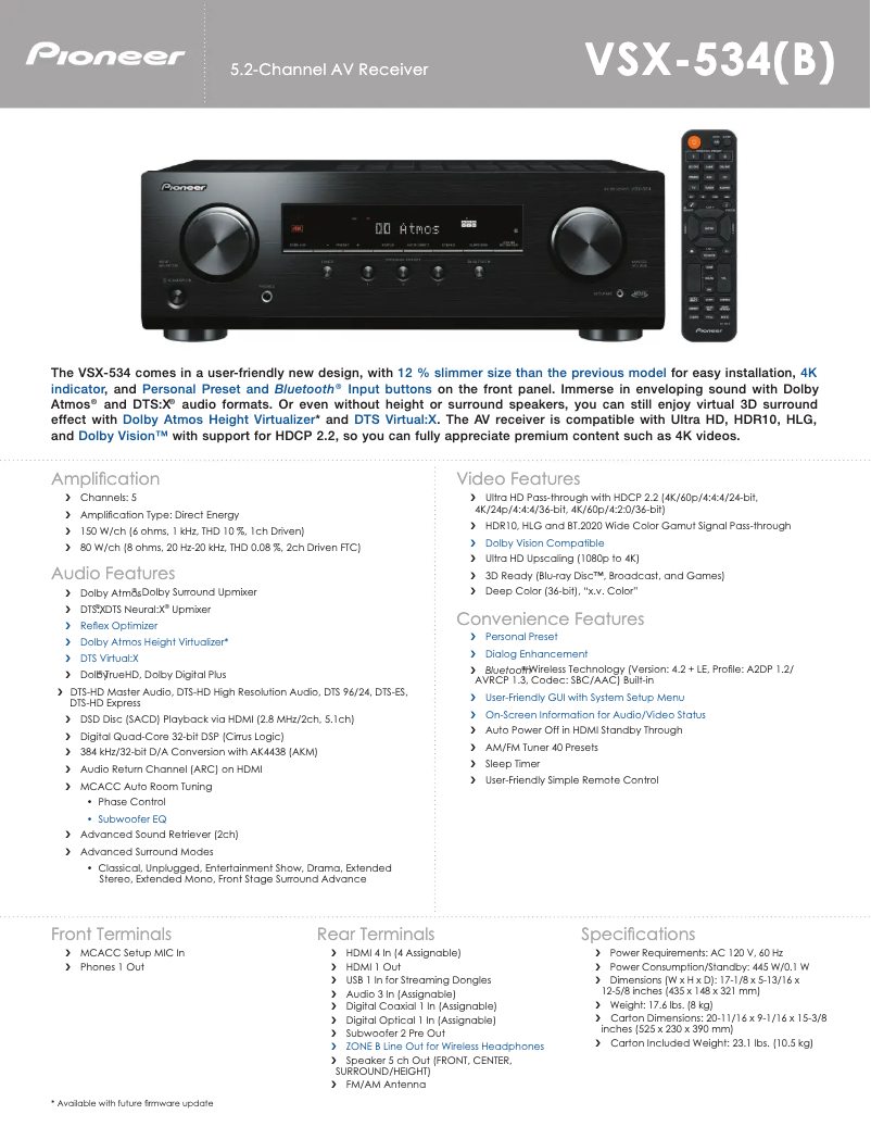 Page 1 de la notice Fiche technique Klipsch VSX-534