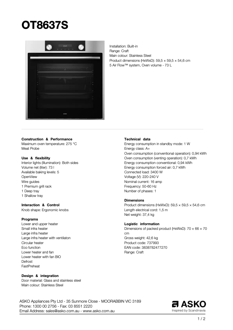 Page 1 de la notice Fiche technique Asko OT8637S