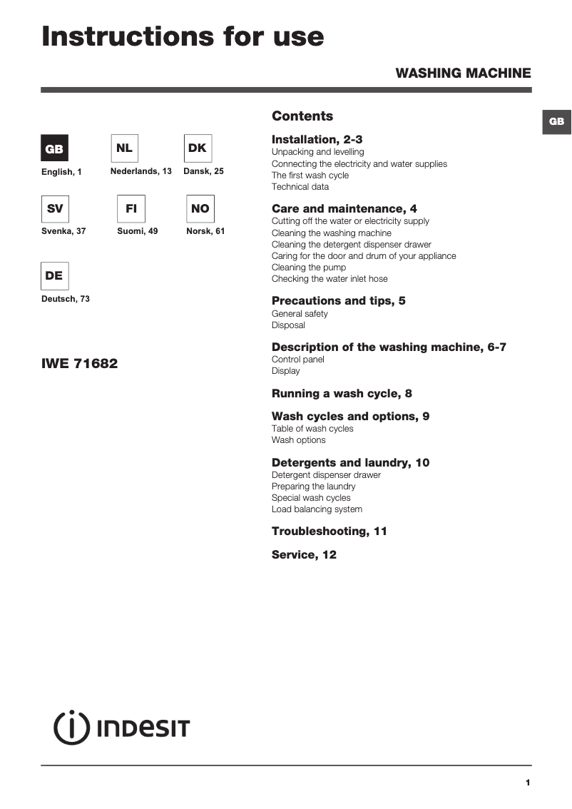Page n°1 - Manuel utilisateur Indesit IWE 71682 B ECO