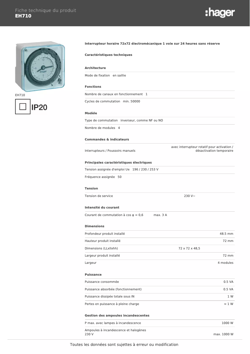 Page 1 de la notice Fiche technique Hager EH710