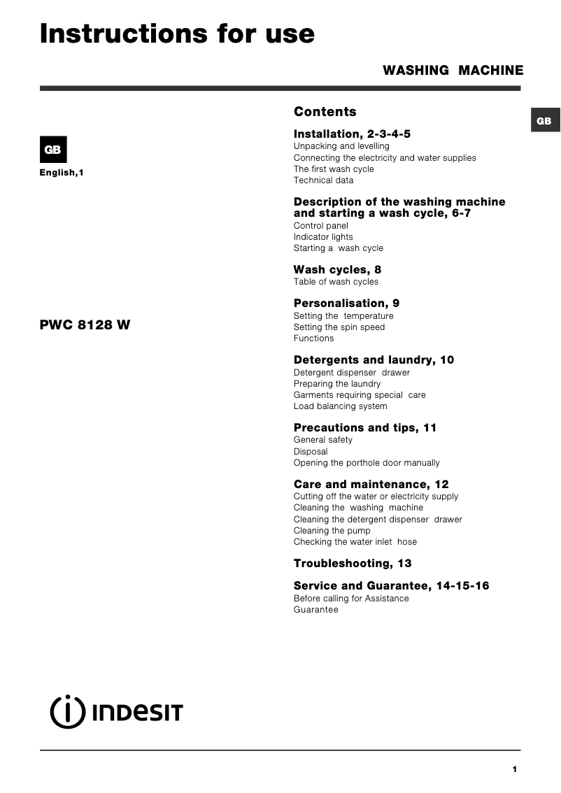 Page n°1 - Manuel utilisateur Indesit PWC 8128 W (UK)