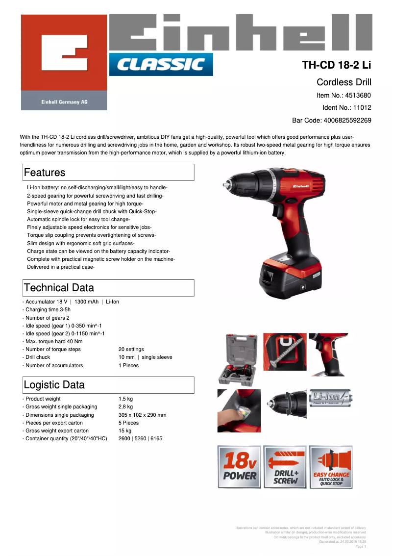 Page 1 de la notice Fiche technique Einhell TH-CD 18-2 LI