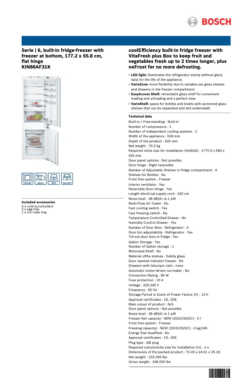 Página 1 del manual Ficha técnica Bosch KIN86AF31K