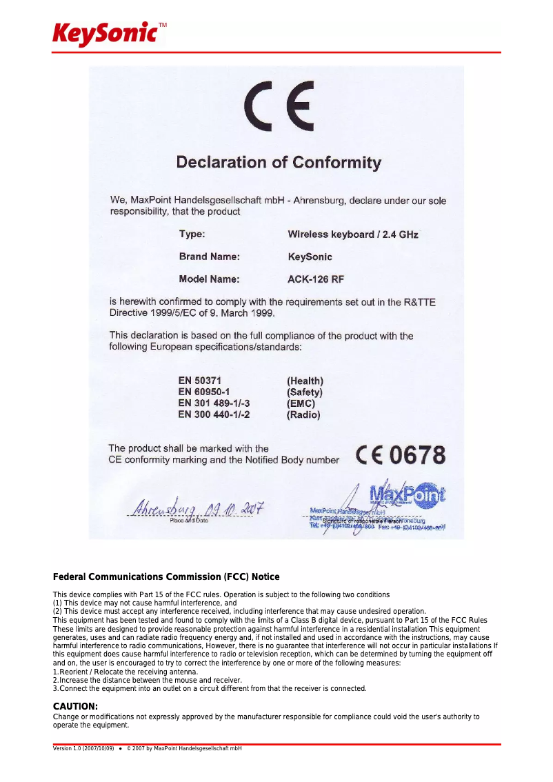 Page n°1 - Manuel utilisateur KeySonic ACK-126RF