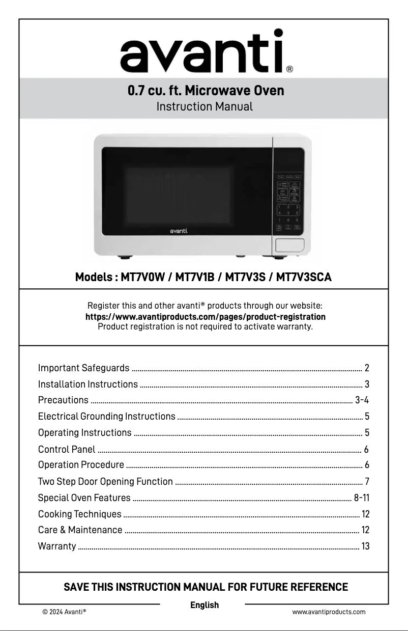 Page 1 de la notice Manuel utilisateur Avanti MT7V3SCA