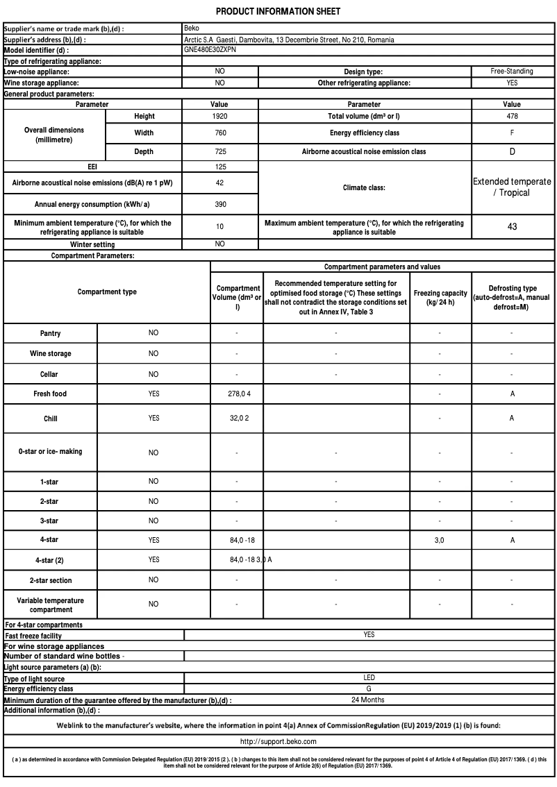 Page 1 de la notice Fiche technique Beko GNE480E30ZXPN