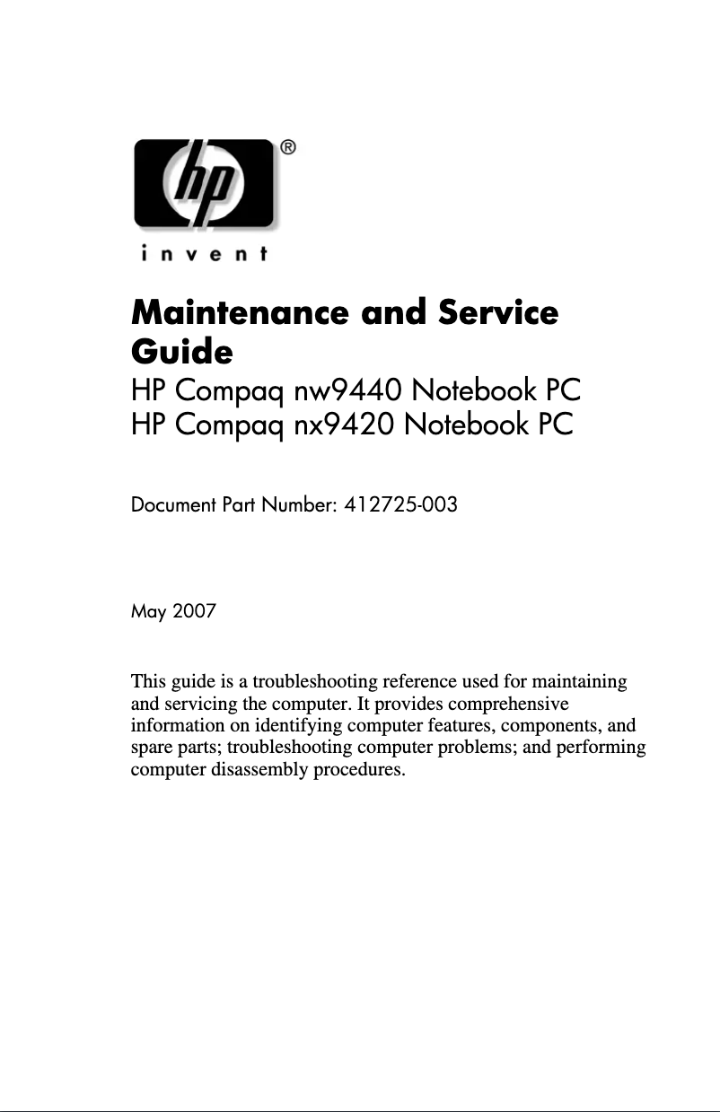 Page n°1 - Manuel d'utilisation et d'entretien HP Compaq NX9420