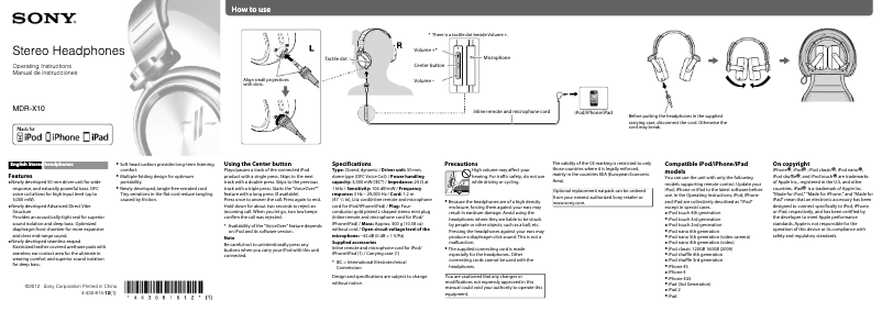 Image de la première page du manuel de l'appareil MDR-X10
