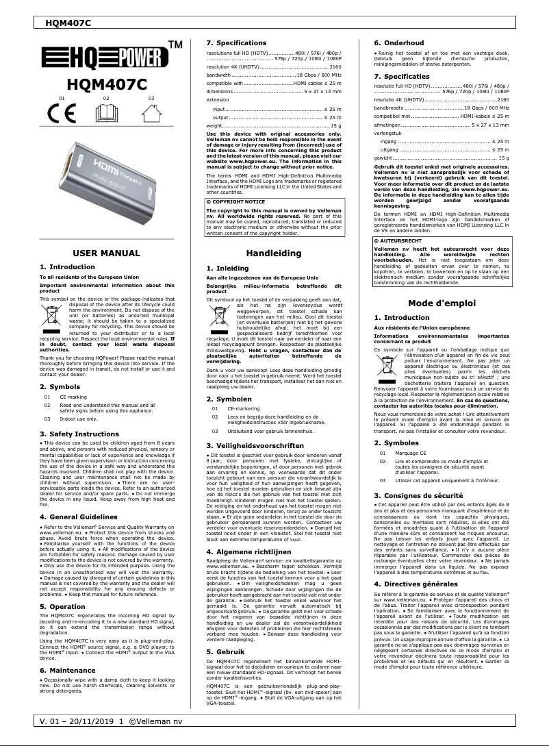 Page 1 de la notice Manuel utilisateur HQ Power HQM407C