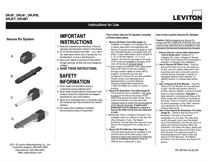 Page 1 de la notice Manuel utilisateur Leviton SRJET-00R