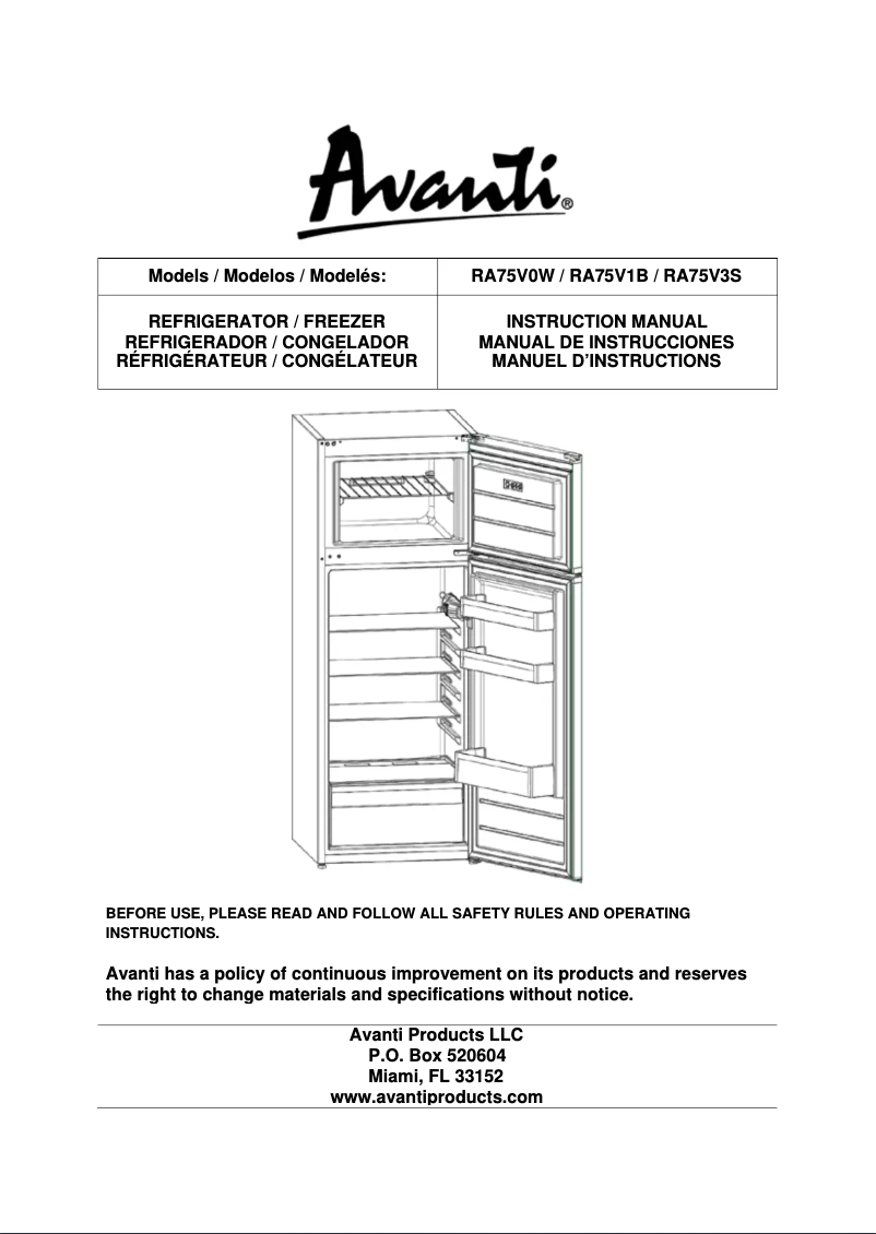 Page 1 de la notice Manuel utilisateur Avanti RA75V1B