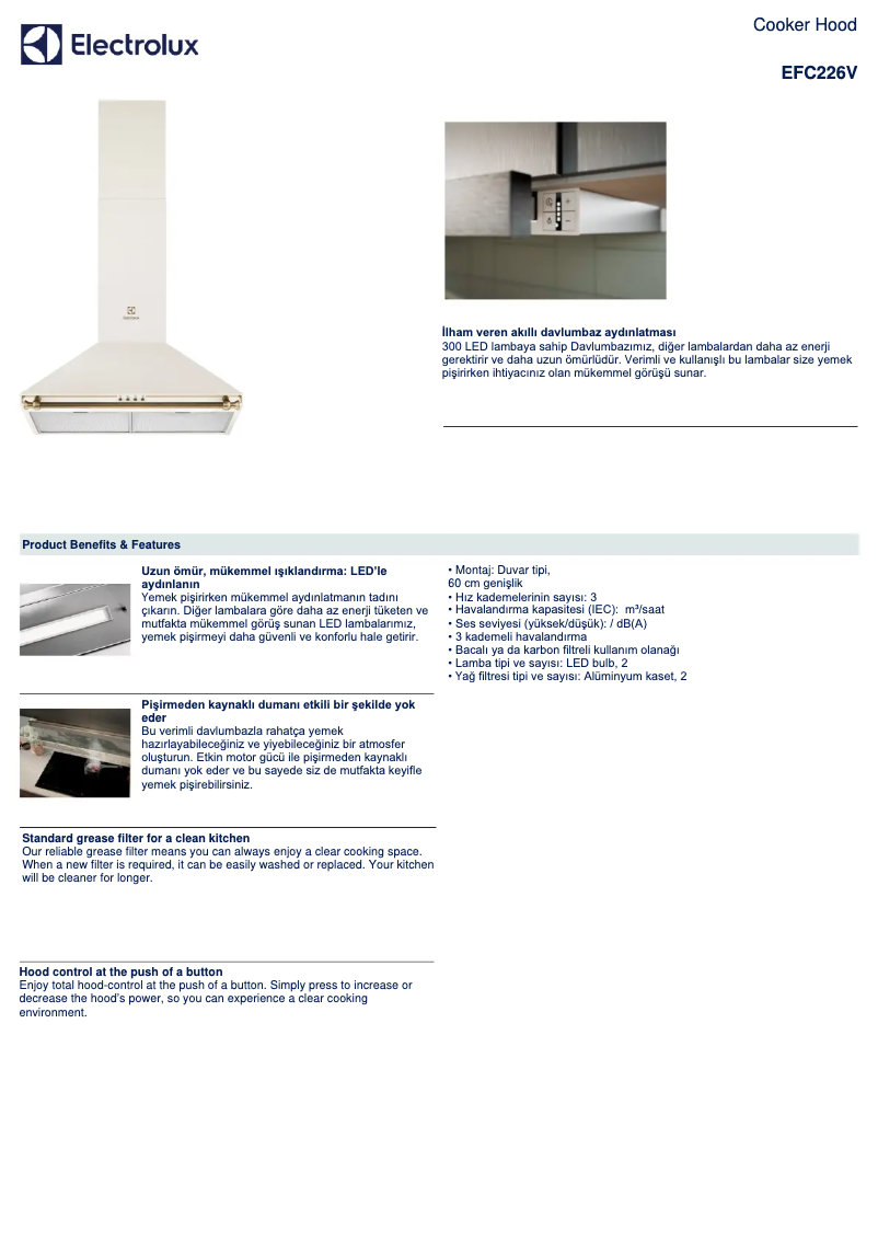 Page 1 de la notice Fiche technique Electrolux EFC226V