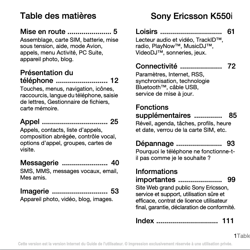 Page 1 de la notice Manuel utilisateur Sony Ericsson K550i