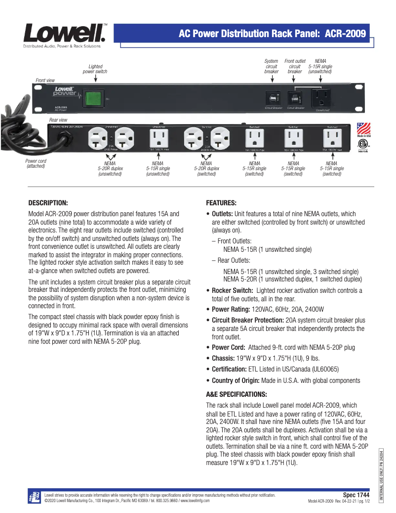 Page 1 de la notice Manuel utilisateur Lowell ACR-2009