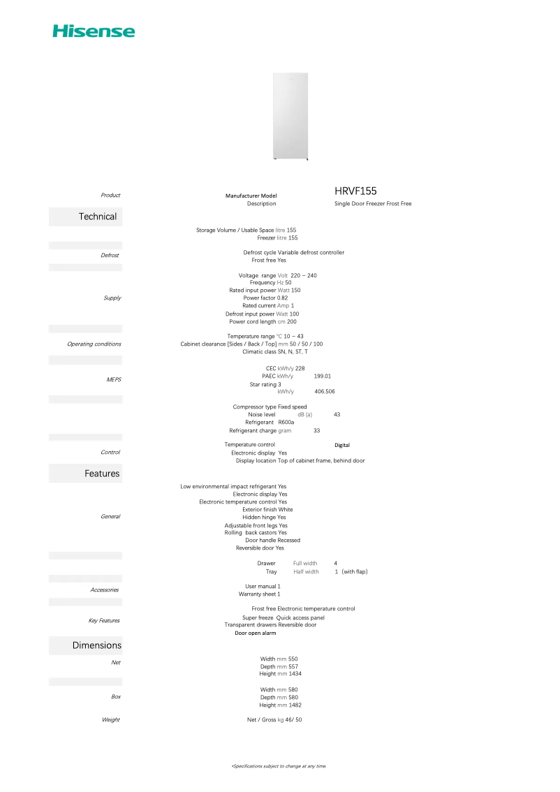 Page 1 de la notice Fiche technique Hisense HRVF155