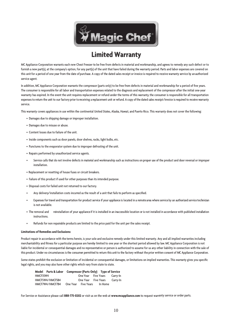 Page 1 de la notice Informations de garantie Magic Chef HMCF7W4