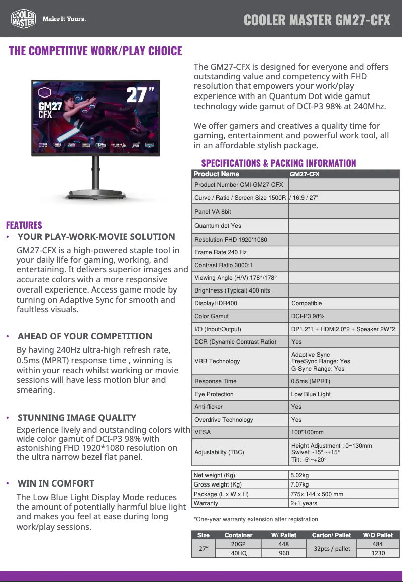 Page n°1 - Fiche technique Cooler Master GM27-CFX