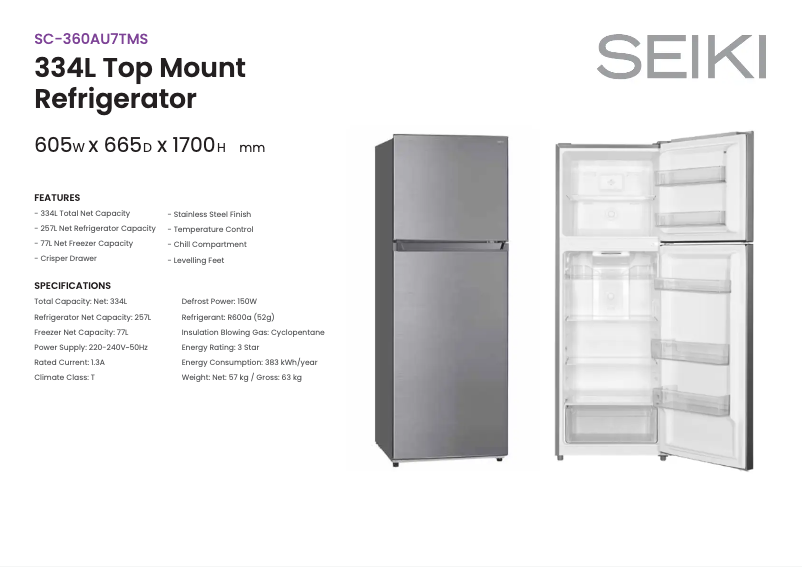 Page 1 de la notice Fiche technique Seiki SC-360AU7TMS