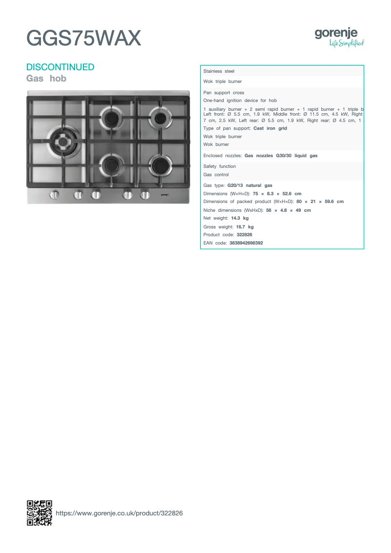 Page n°1 - Fiche technique Gorenje GGS75WAX