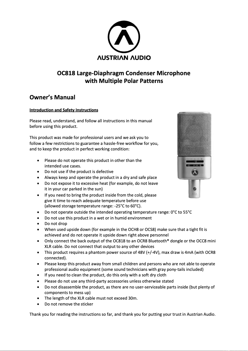 Page n°1 - Manuel utilisateur Austrian Audio OC818