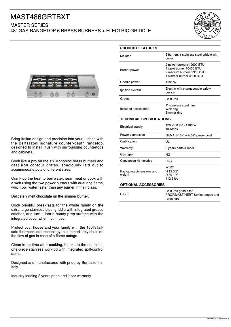 Page 1 de la notice Fiche technique Bertazzoni MAST486GRTBXT
