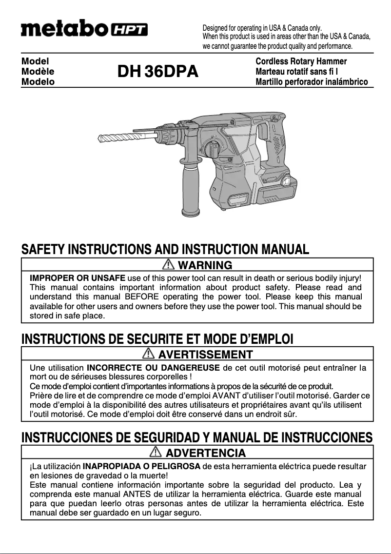 Page 1 de la notice Manuel utilisateur Metabo DH 36DPA