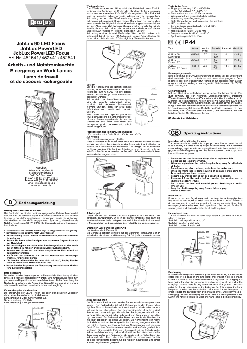 Page 1 de la notice Manuel utilisateur AccuLux JobLux 90 LED Focus