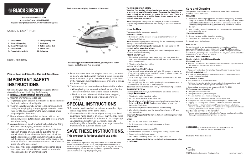 Page n°1 - Manuel utilisateur Black & Decker IR017W