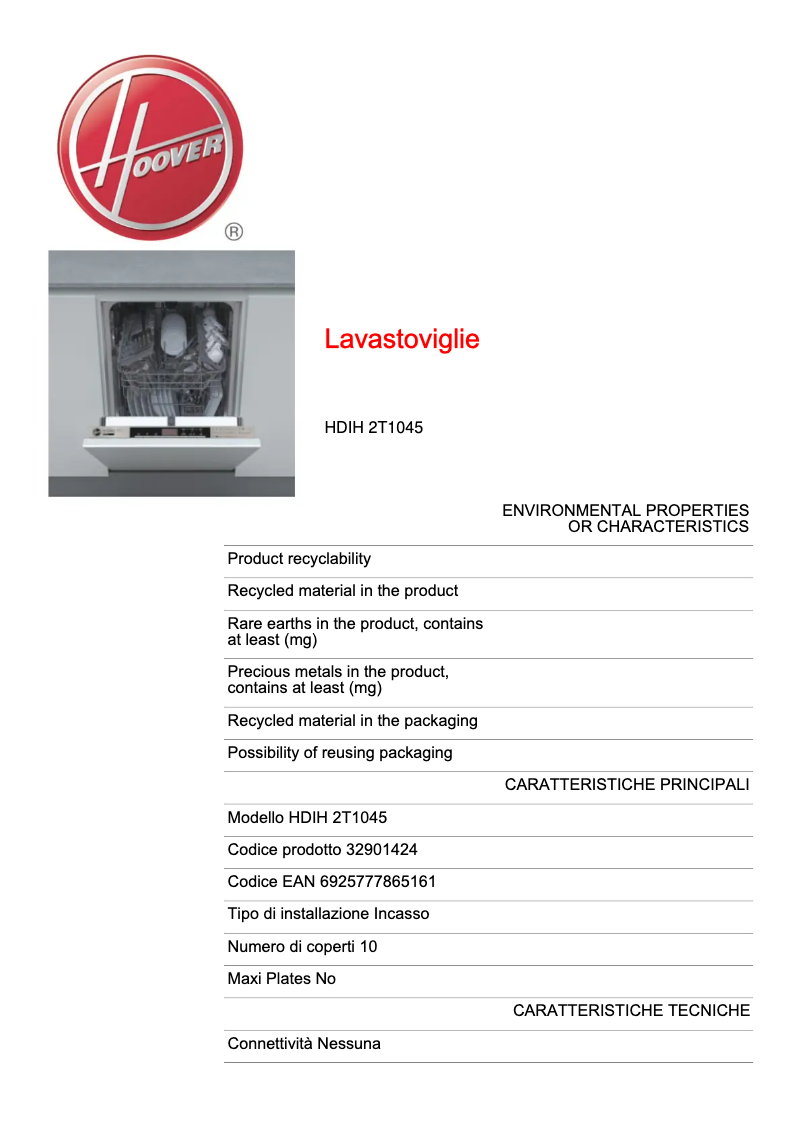 Page n°1 - Fiche technique Hoover HDIH 2T1045