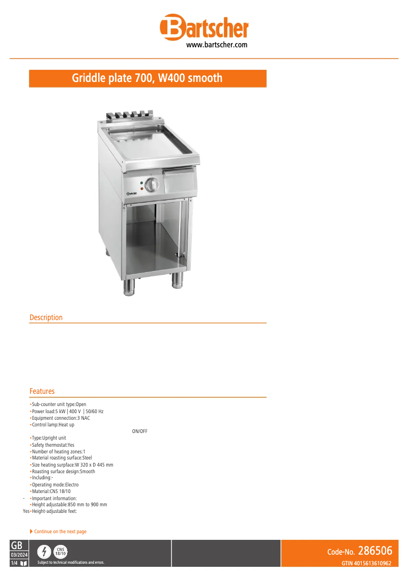 Página 1 del manual Ficha técnica Bartscher 286506