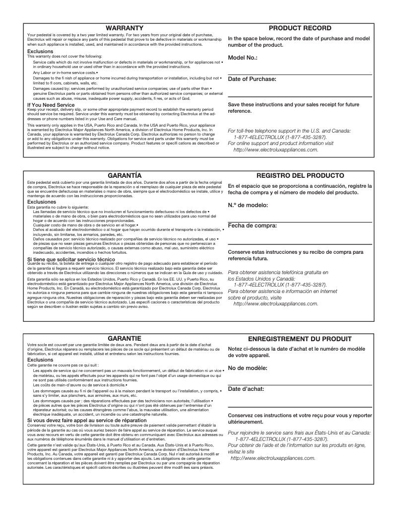 Page 1 de la notice Informations de garantie Electrolux EPWD257UTT