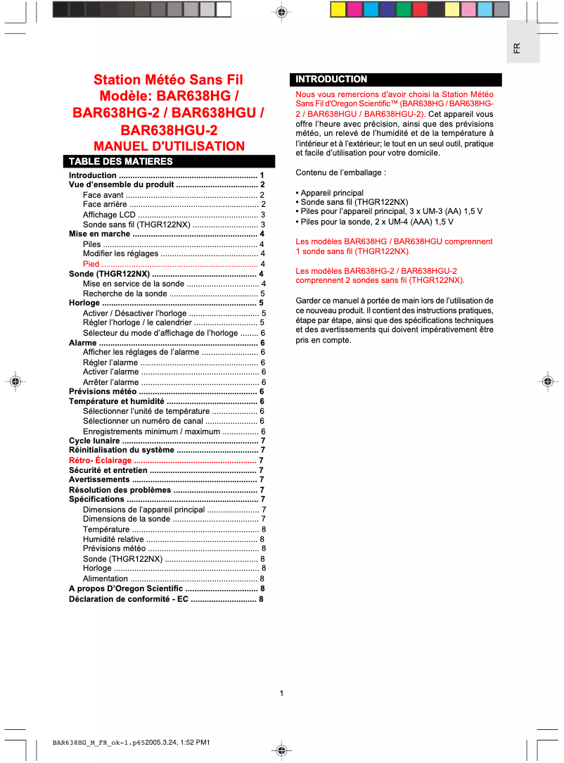 Page 1 de la notice Manuel utilisateur Oregon Scientific BAR638HGU