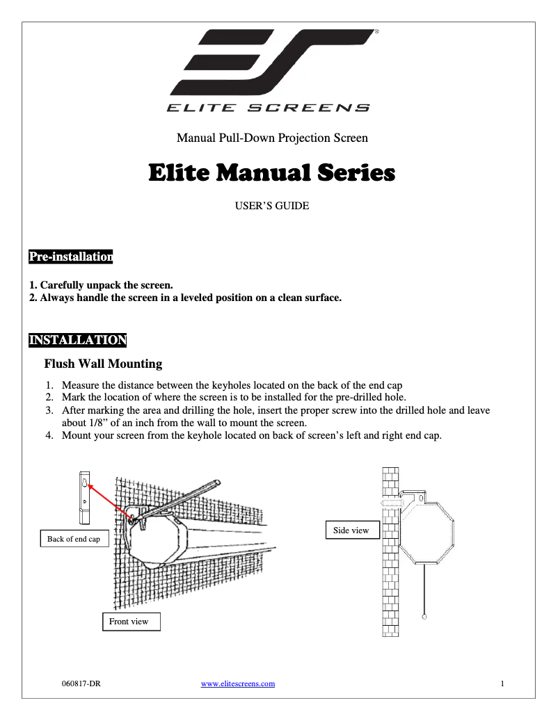 Page 1 de la notice Manuel utilisateur Elite Screens Manual 139" M139UWX