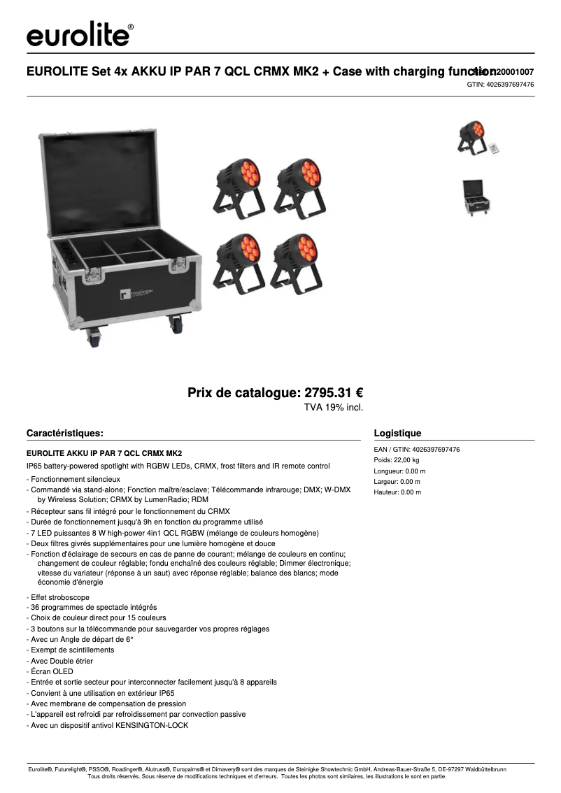 Page n°1 - Fiche technique Eurolite AKKU IP PAR 7 QCL