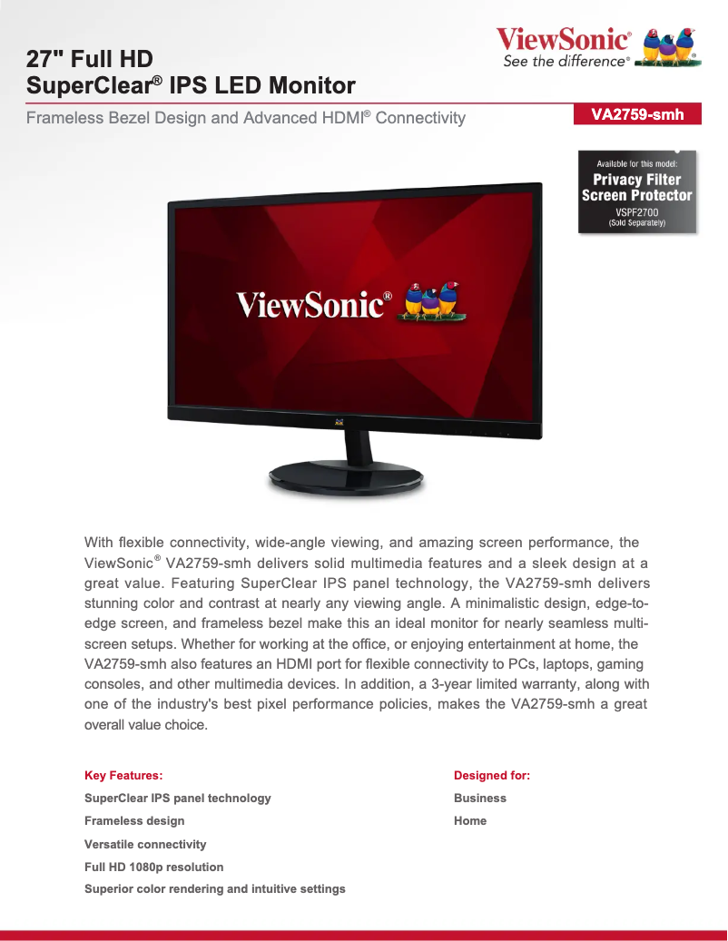Page 1 de la notice Fiche technique Viewsonic VA2759-smh