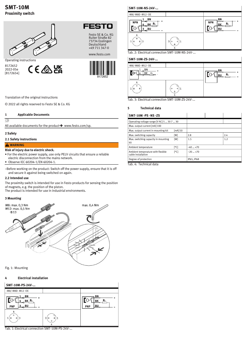 Image de la première page du manuel de l'appareil SMT-10M-NS-24V-E-0,3-L-M8D