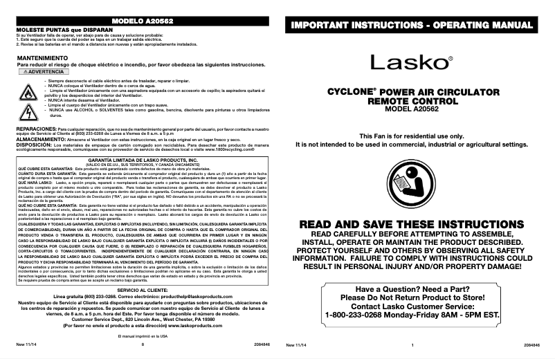 Page 1 de la notice Manuel utilisateur Lasko A20562