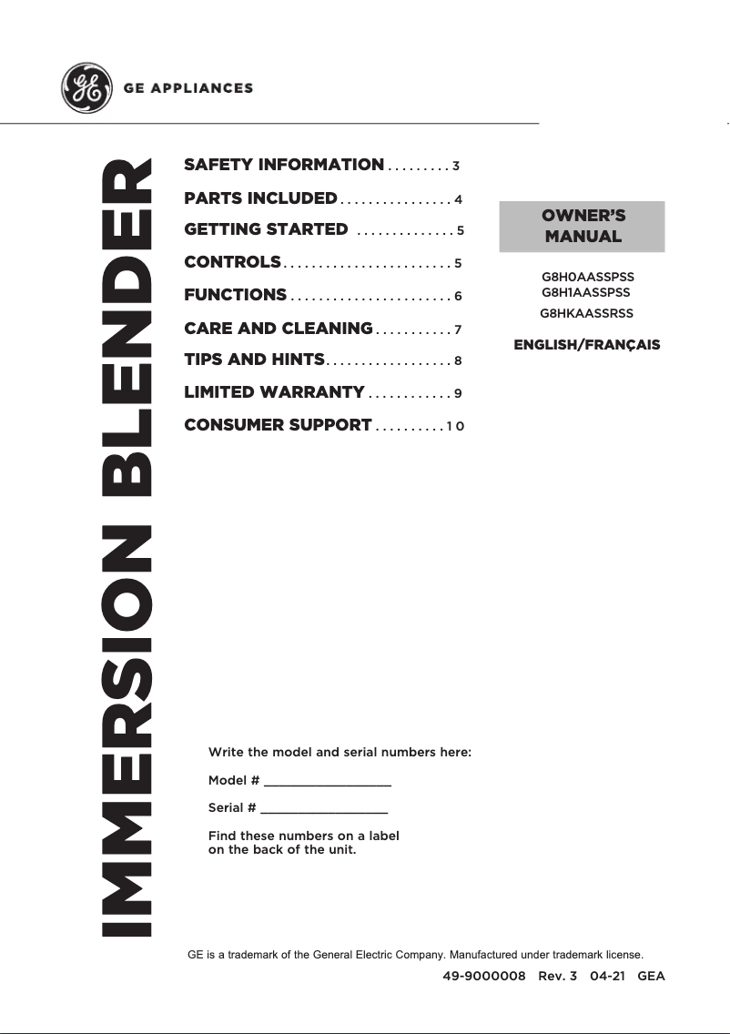 Page 1 of the manual User Manual GE G8HKAASSRSS