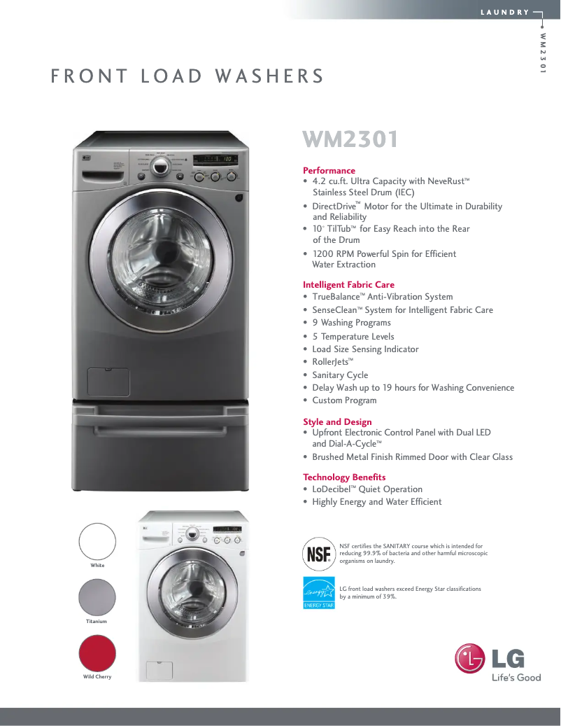 Page 1 de la notice Fiche technique LG WM2301HR
