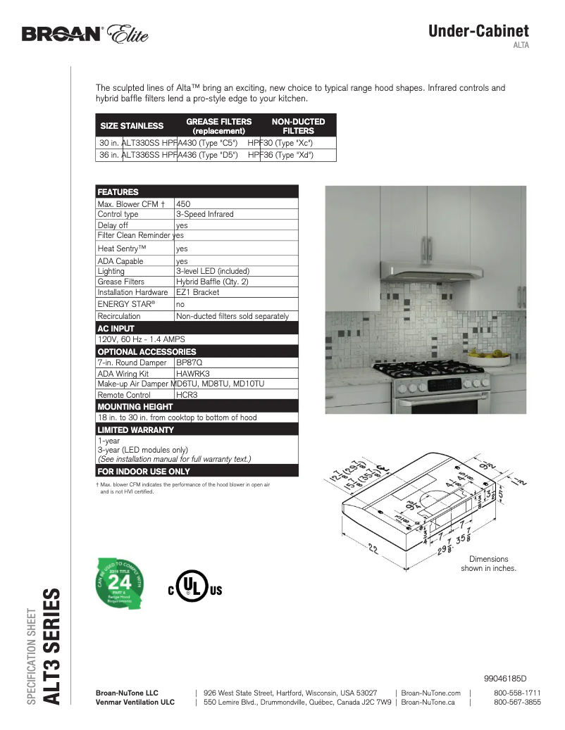 Page n°1 - Fiche technique Broan ALT336SS