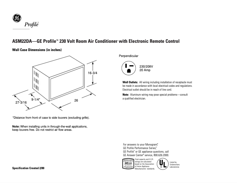 Page n°1 - Fiche technique GE Profile ASM22DA