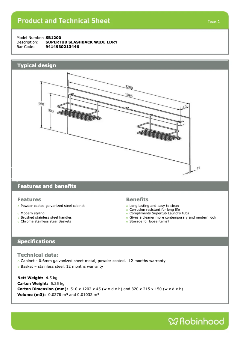 Page 1 de la notice Fiche technique Robinhood SB1200