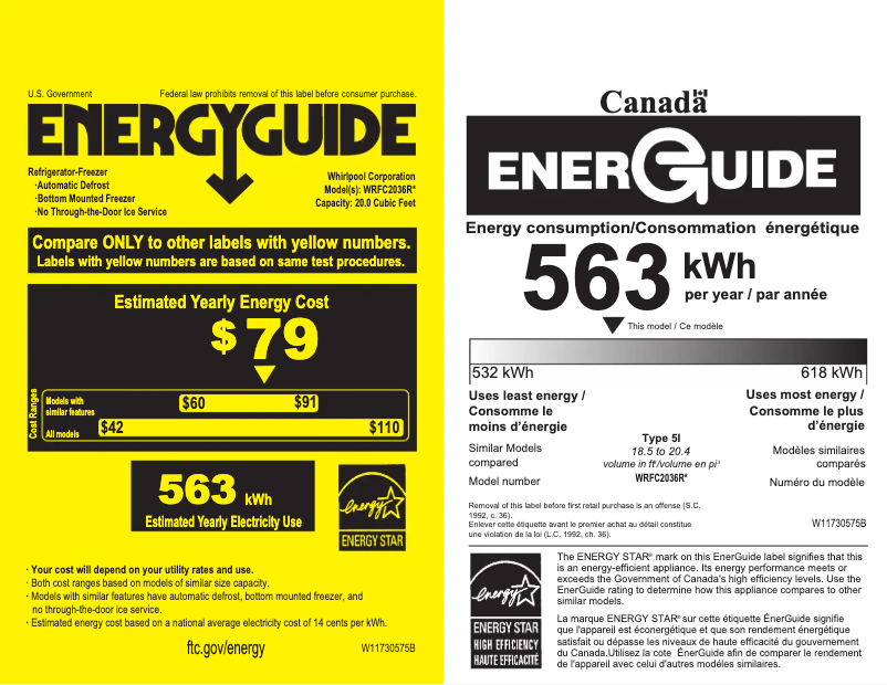 Page 1 de la notice Label énergétique Whirlpool WRFC2036RV