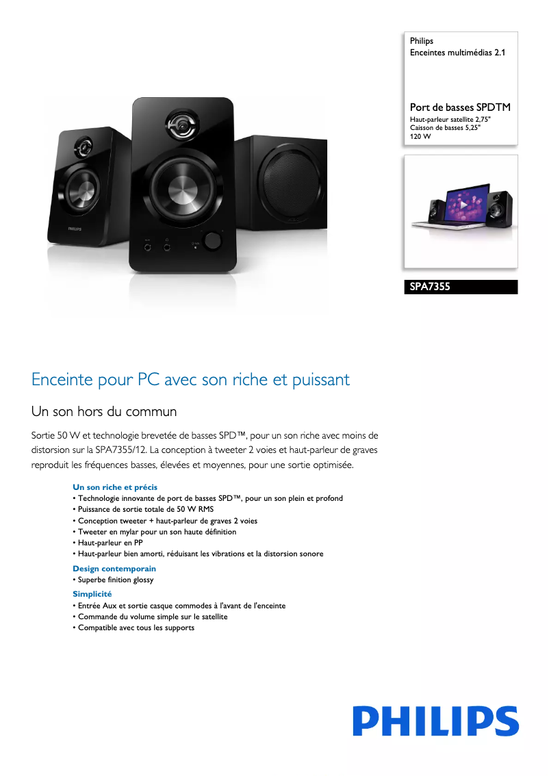 Page 1 de la notice Fiche technique Philips SPA7355